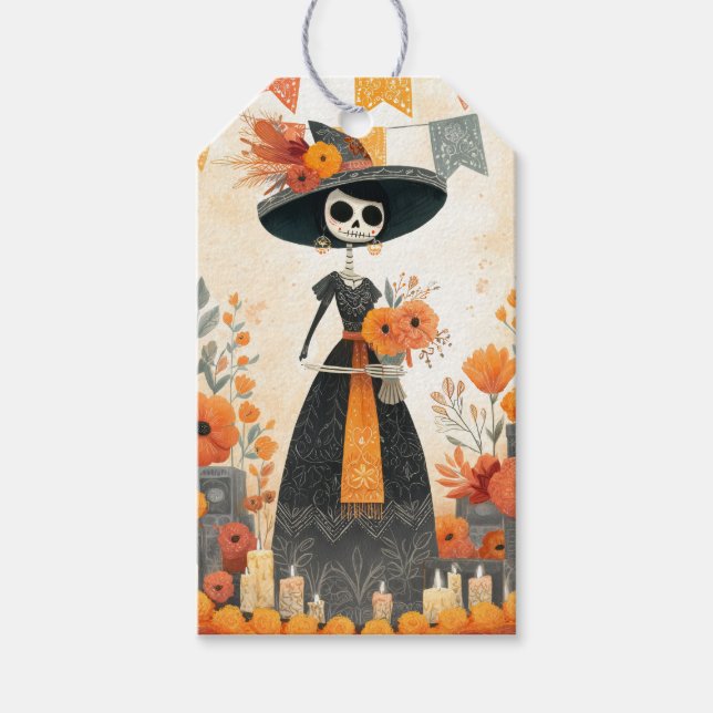 Étiquettes-cadeau Skeleton Lady La Catrina Jour des Morts (Devant)