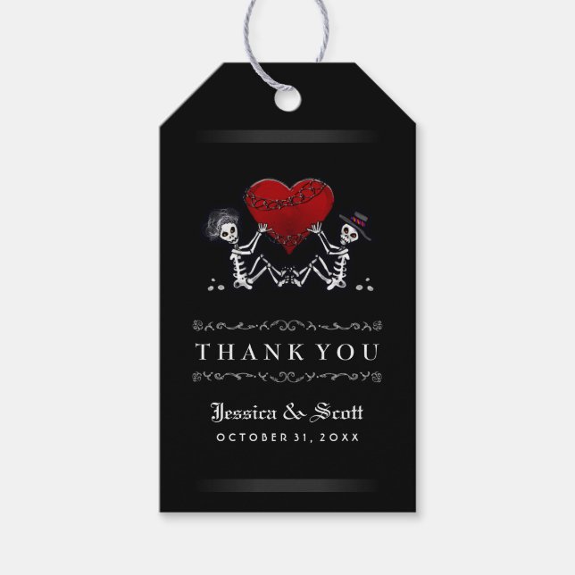 Étiquettes-cadeau Skeletons Mariages d'Halloween et Merci de coeur (Devant)