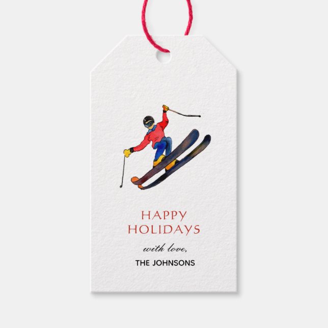 Étiquettes-cadeau Ski d'aquarelle Sports d'hiver (Devant)