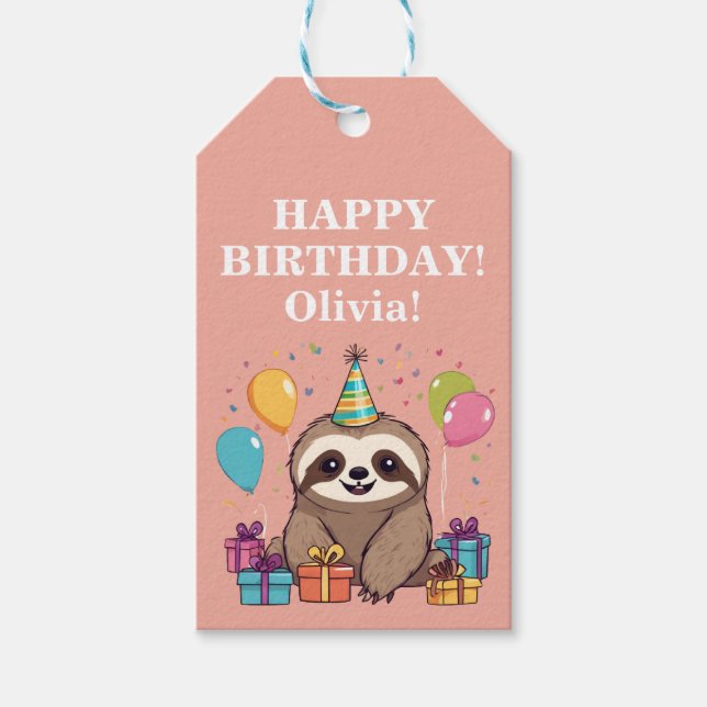 Étiquettes-cadeau Sloth Girl Joyeux Anniversaire rose Personnalisé (Devant)