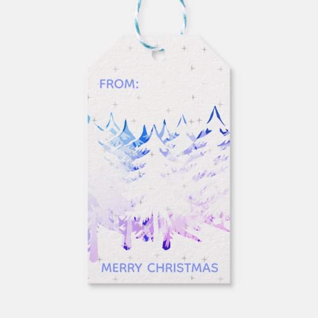 Étiquettes-cadeau Snow Laden Arbres de Noël en bleu violet et blanc (Dos)