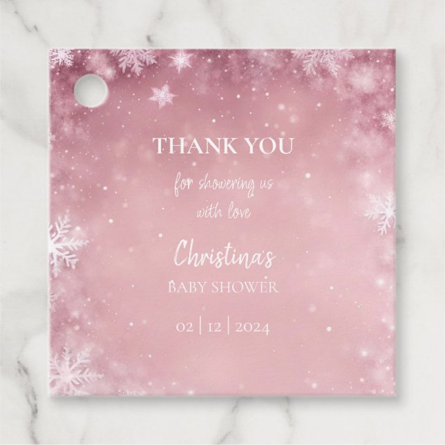 Étiquettes Cadeau Snowflake Winter Wonderland Baby shower rose (Devant)