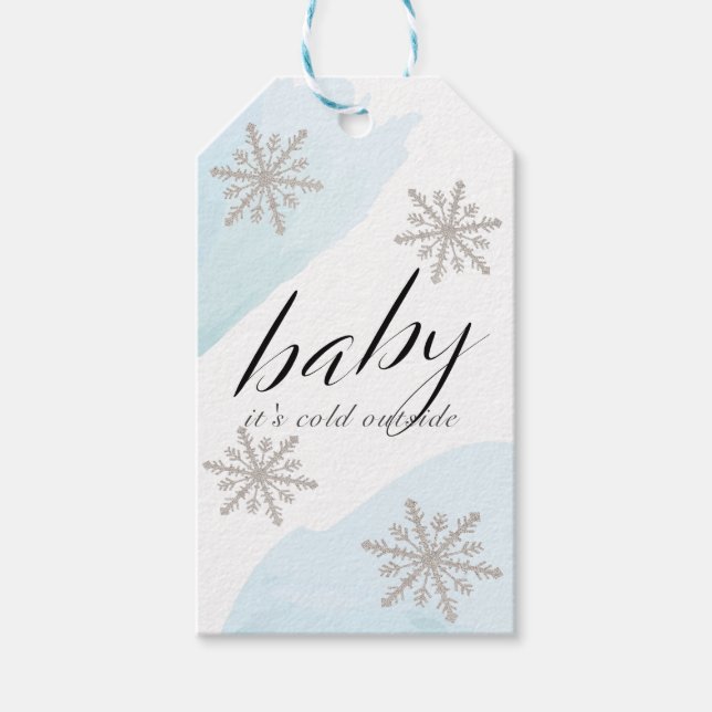 Étiquettes-cadeau Snowflakes Blue Baby Son froid dehors Merci (Devant)