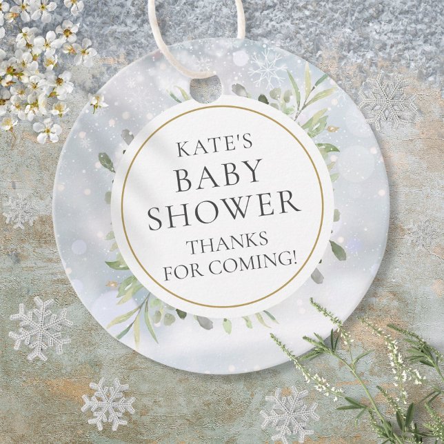 Étiquettes Cadeau Snowflakes d'hiver Baby shower verdoyant (Winter Snowflakes Greenery Baby Shower Favor Tags)