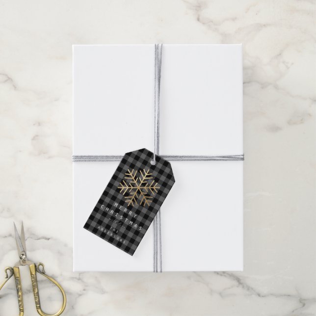 Étiquettes-cadeau Snowflakes Gold Merry Happy Holiday Buffalo Grey (Avec de la ficelle)