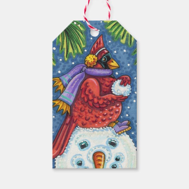 ÉTIQUETTES-CADEAU SNOWMAN BODYGUARD, CHRISTMAS CARDINAL REDBIRD (Devant)