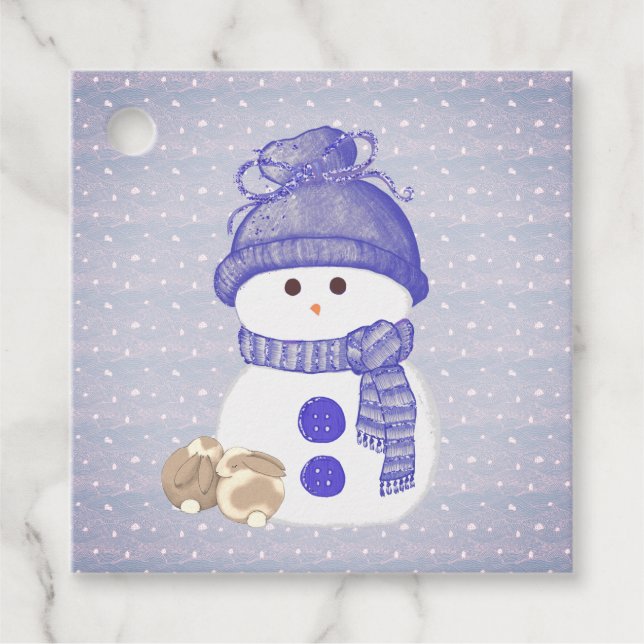 Étiquettes Cadeau Snowman with Two Sleeping Bunnies with Snowflakes (Devant)