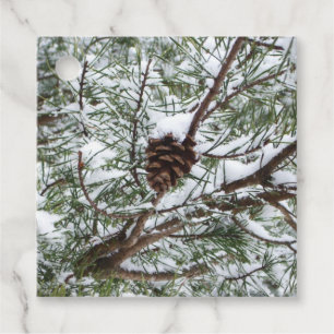 Étiquettes Cadeau Snowy Pine Cône II hiver Photographie de la nature