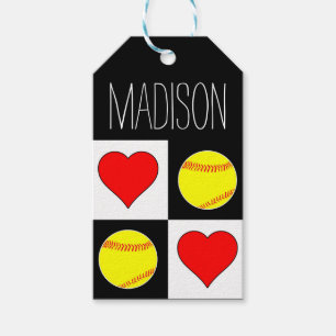 Étiquettes-cadeau Softball Hearts Custom Player Nom ou Texte Sports