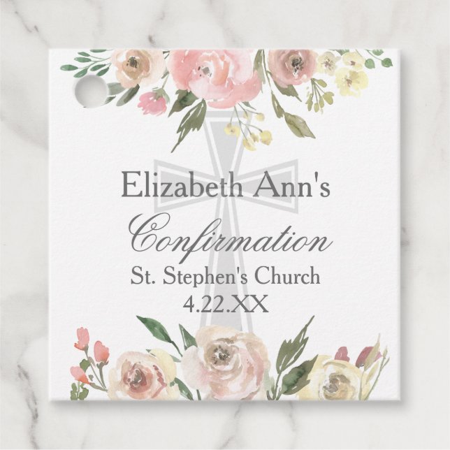 Étiquettes Cadeau Soignée Rose Floral Confirmation Personnalisée (Devant)