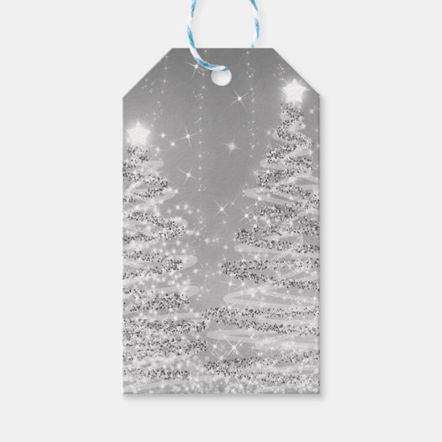 Étiquettes-cadeau Soirée de Noël Élégante Arbres pétillants Argent (Devant)