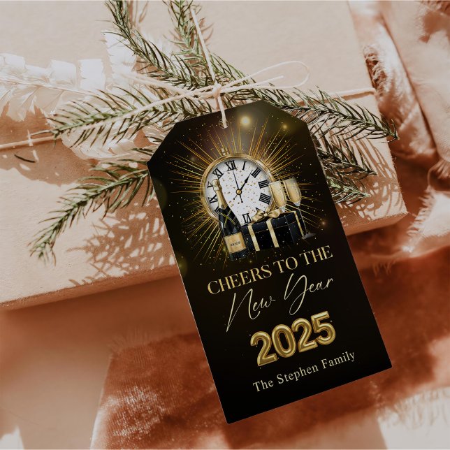 Étiquettes-cadeau Soirée du Nouvel An 2025 Champagne Doré (Créateur téléchargé)