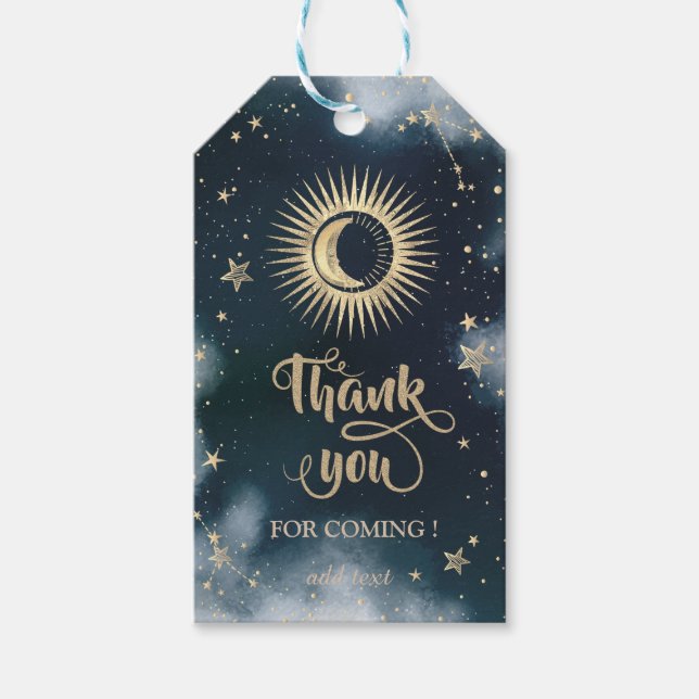 Étiquettes-cadeau Soleil d'or céleste, Lune, Ciel nocturne étoilé (Devant)