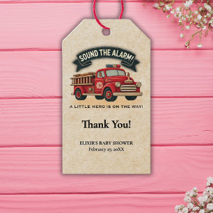 Étiquettes-cadeau Sonne l'alarme ! Baby shower vintage pour camions 