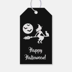 Étiquettes-cadeau Sorcière Sur Un Broom Noir Et Blanc Joyeux Hallowe