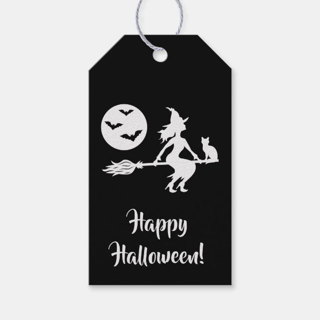 Étiquettes-cadeau Sorcière Sur Un Broom Noir Et Blanc Joyeux Hallowe (Devant)