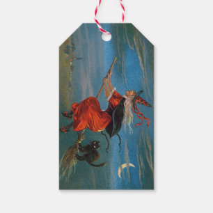 Étiquettes-cadeau Sorcière volant avec chat noir la nuit d'Halloween