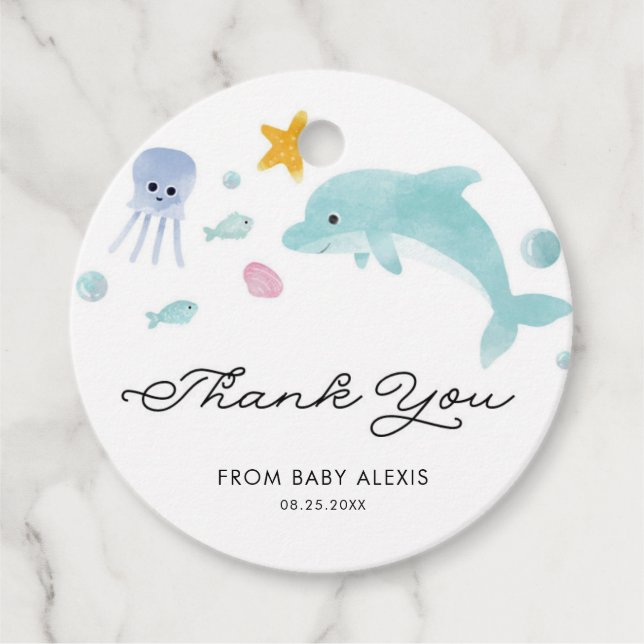Étiquettes Cadeau Sous la mer Dauphin Baby shower Merci (Devant)