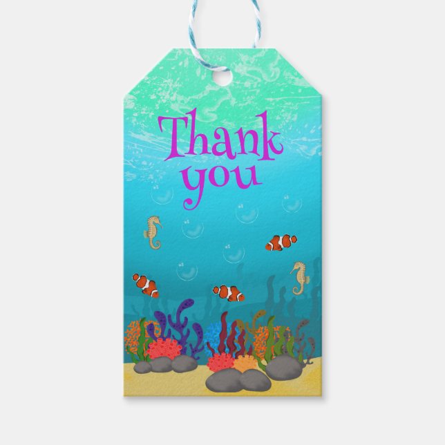 Étiquettes-cadeau Sous la mer Poisson et Cheval de mer fête d'annive (Devant)