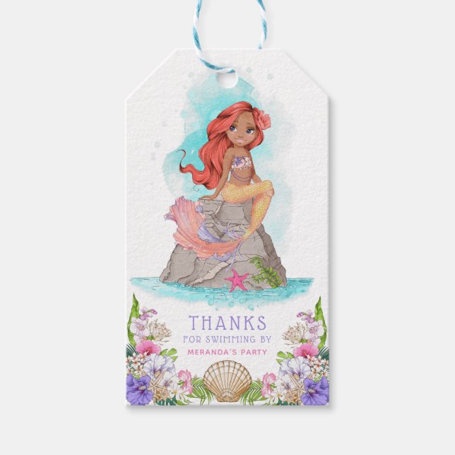 Étiquettes-cadeau Sous la mer Sirène rose et pourpre (Cheveux rouge) (Devant)