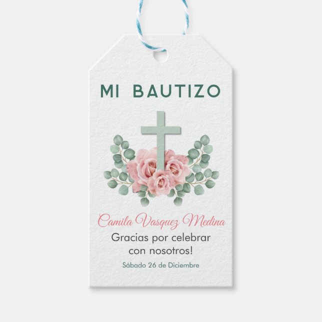 Étiquettes-cadeau Souvenirs pour Baptême Croix et Feuilles (Devant)