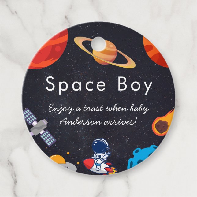 Étiquettes Cadeau Space Boy Planets mignon Baby shower astronaute (Devant)