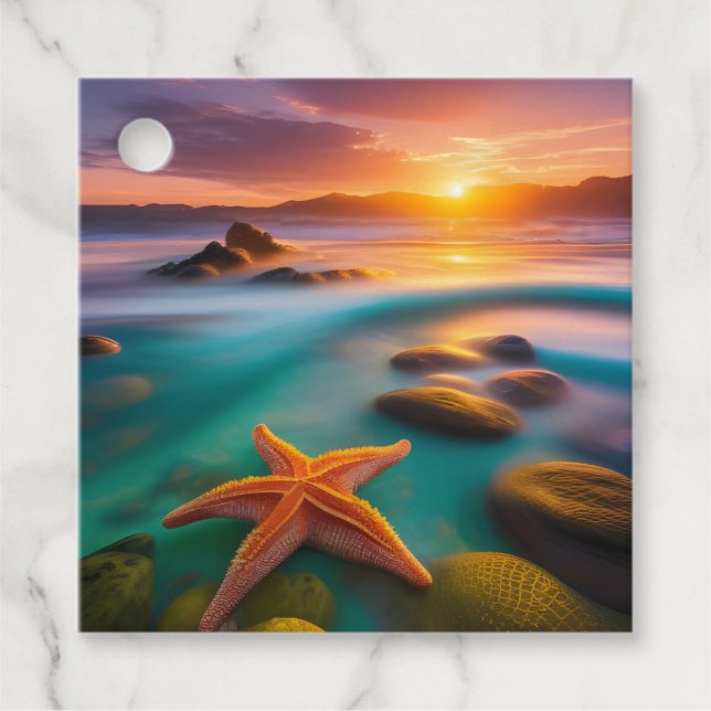 Étiquettes Cadeau Starfish sur la plage à Dawn (Devant)