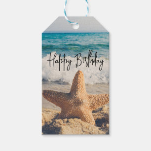 Étiquettes-cadeau Starfish sur une plage de sable Photo Anniversaire