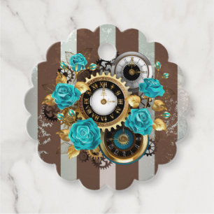 Étiquettes Cadeau Steampunk Clock and Turquoise Roses on Striped