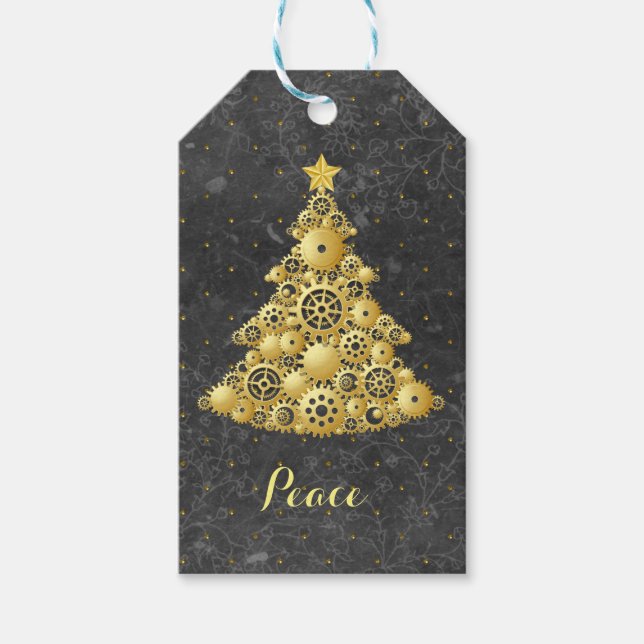 Étiquettes-cadeau Steampunk Gears Gold Christmas Tree (Devant)