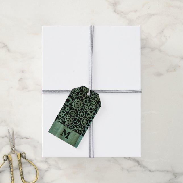 Étiquettes-cadeau Steampunk Verdigris bronze engrenages Monogramme p (Avec de la ficelle)