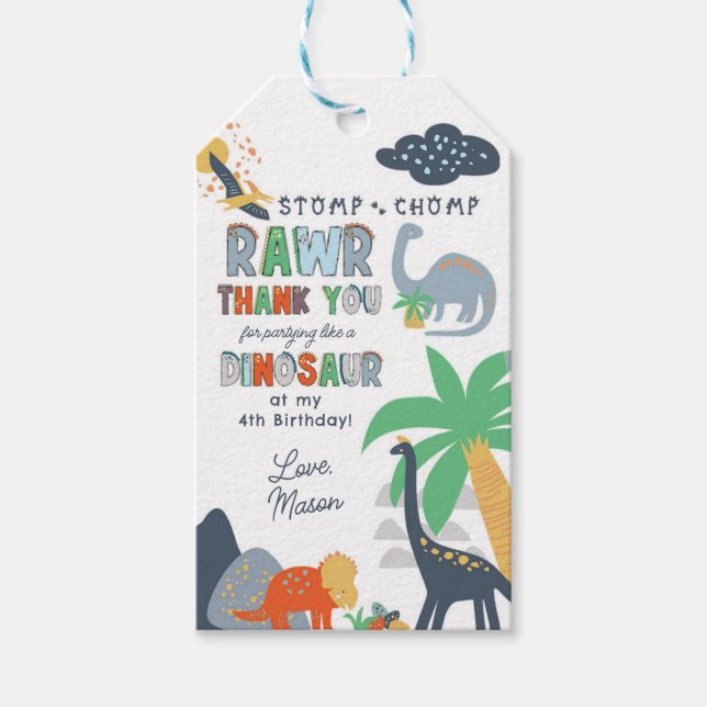Étiquettes-cadeau Stomp Chomp Rawr Dinosaur Anniversaire Merci (Devant)