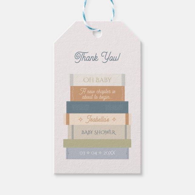 Étiquettes-cadeau Storybook Stack Nouveau Chapitre Baby shower Merci (Devant)