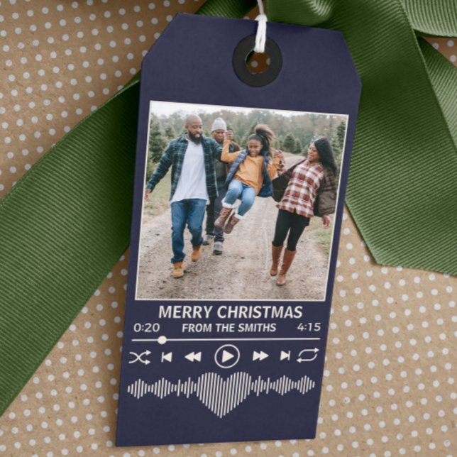 Étiquettes-cadeau Streaming Music Blue Player Photo Noël (holiday gift tag streaming music themed blue with space for family photo as the album photo)