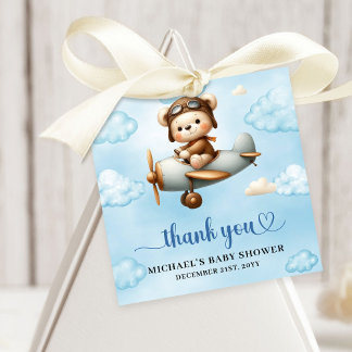 Étiquettes Cadeau Stylish Blue Brown Teddy Bear Aviator Boy Shower