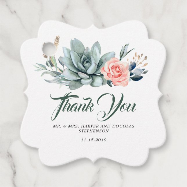 Étiquettes Cadeau Succulents Verdure Blush rose Mariage Floral (Devant)