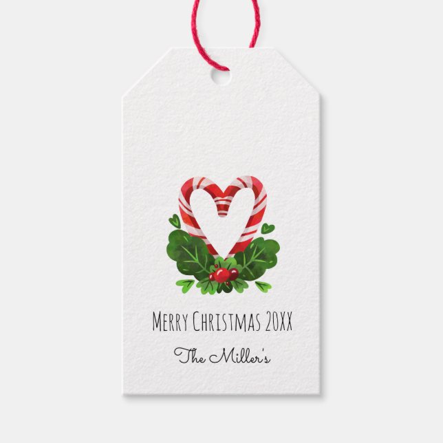 Étiquettes-cadeau Sucre de canne de vacances Coeur Joyeux Noël Nom (Devant)
