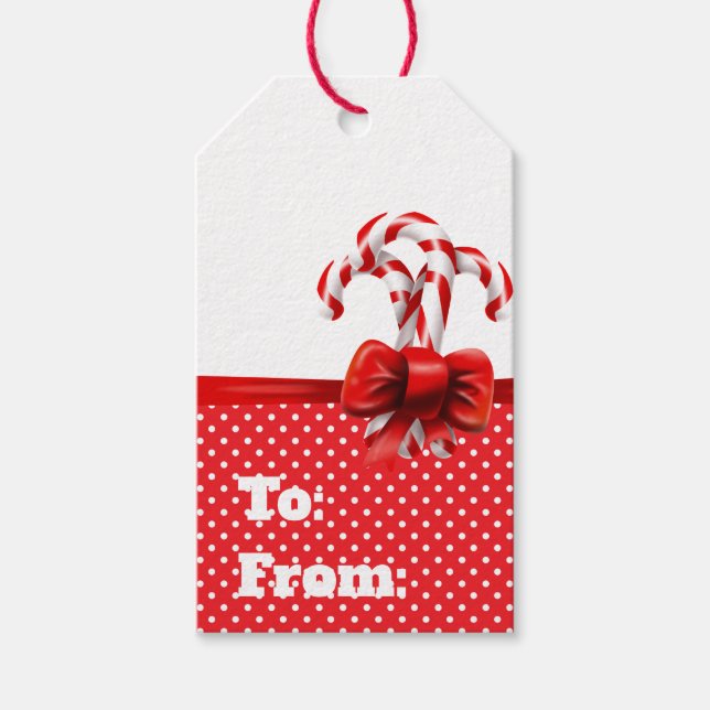 Étiquettes-cadeau Sucres de canne de Noël Bow avec points rouges et  (Devant)