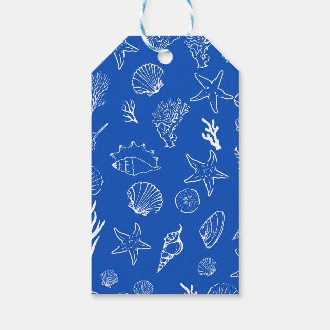 Étiquettes-cadeau Summer Seashells Frame Beach Wedding Blue (Devant)