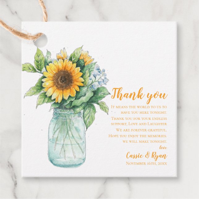 Étiquettes Cadeau Sunflower Mason Jar Mariage Merci Message (Devant)