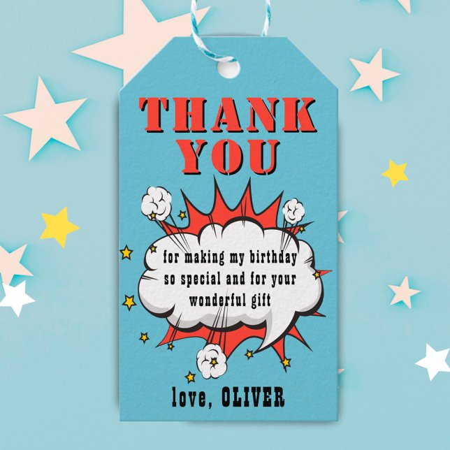Étiquettes-cadeau Superhero Comic Discours Bubble Anniversaire Merci (Créateur téléchargé)