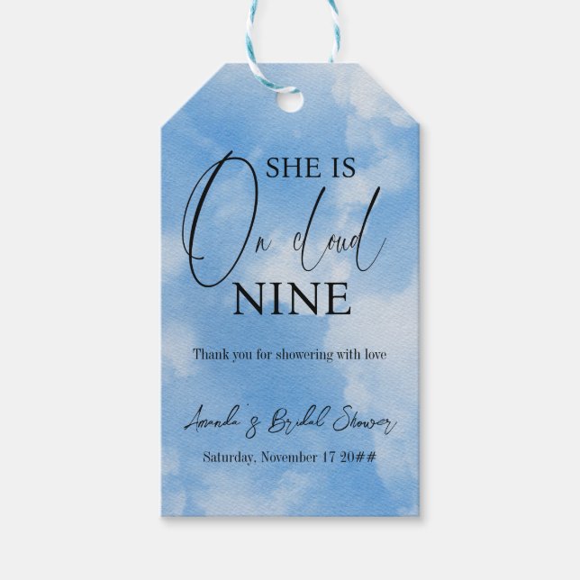 Étiquettes-cadeau Sur Cloud Neuf Calligraphie Fête des mariées bleue (Devant)