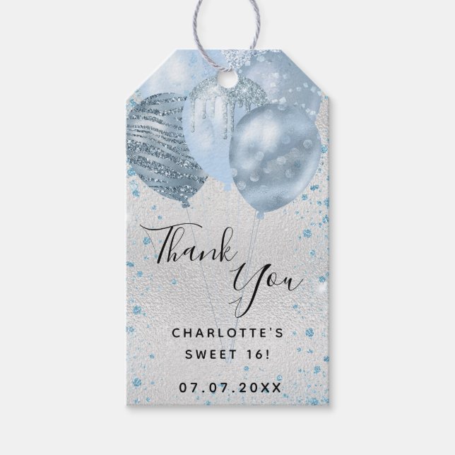 Étiquettes-cadeau Sweet 16 ballons bleu parties scintillant argent m (Devant)