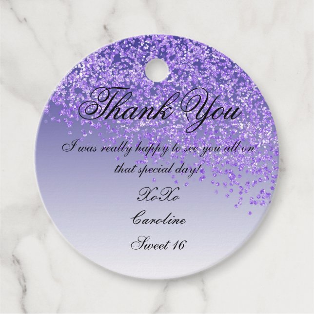 Étiquettes Cadeau Sweet 16 Chute Parties scintillant violet Personna (Devant)