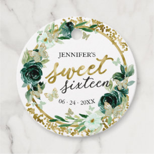 Étiquettes Cadeau Sweet 16 Floral Butterfly Emerald Green