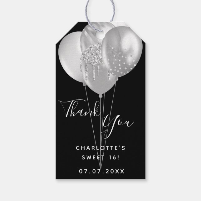 Étiquettes-cadeau Sweet 16 partie noir ballon en argent merci (Devant)