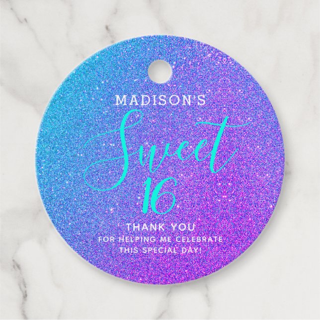 Étiquettes Cadeau Sweet 16 Turquoise Purple Parties scintillant Merc (Devant)