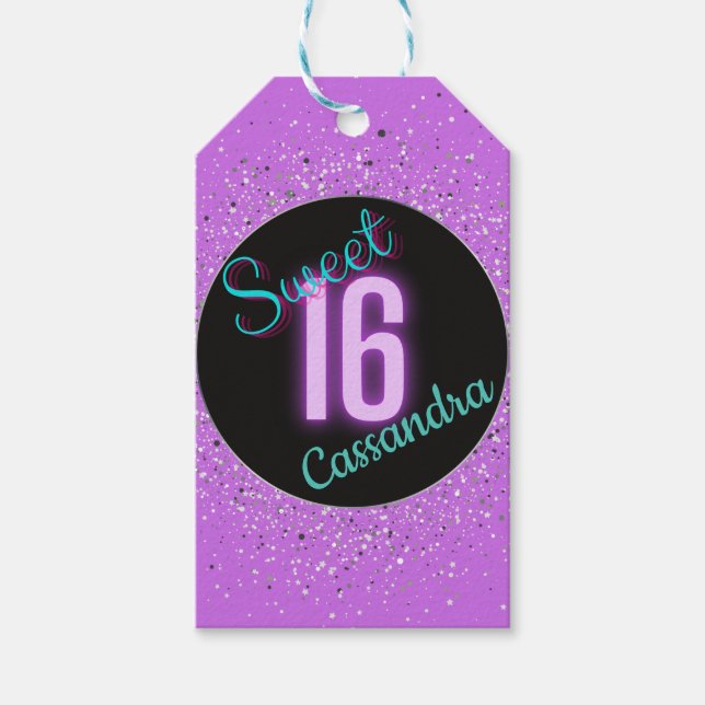 Étiquettes-cadeau Sweet 16 violet argenté brillance personnalisée (Devant)