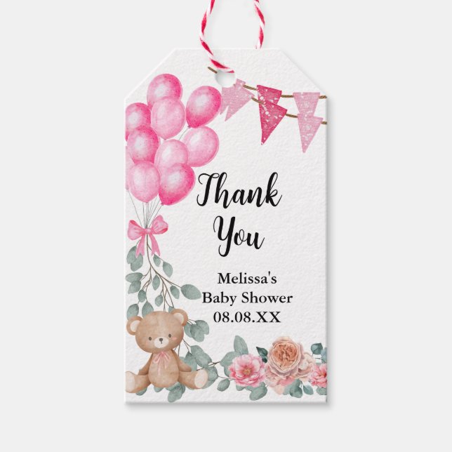 Étiquettes-cadeau Sweet Baby Girl Pink Balloon Eucalyptus Custom (Devant)