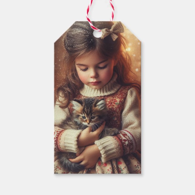 Étiquettes-cadeau Sweet Little Girl and Kitten Christmas (Devant)